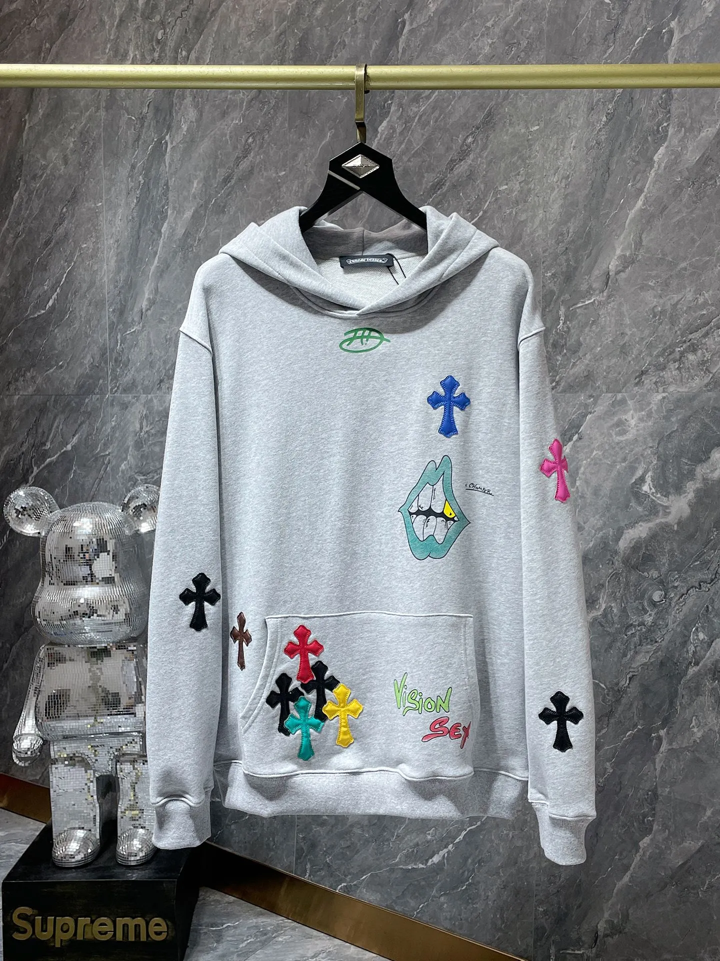 P276 Chrome Hearts Autumn and Winter 2025 Counter Synchronization Colorful cross patchwork leather Sanskrit hand-painted graffiti hooded sweatshirt Special customized version 1:1 high weight fabric Highest version Imported leather Recommended color: black gray Code number: S, M, L, XL